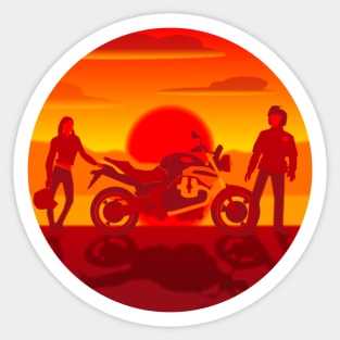 Motorcycle and couple at sunset Sticker